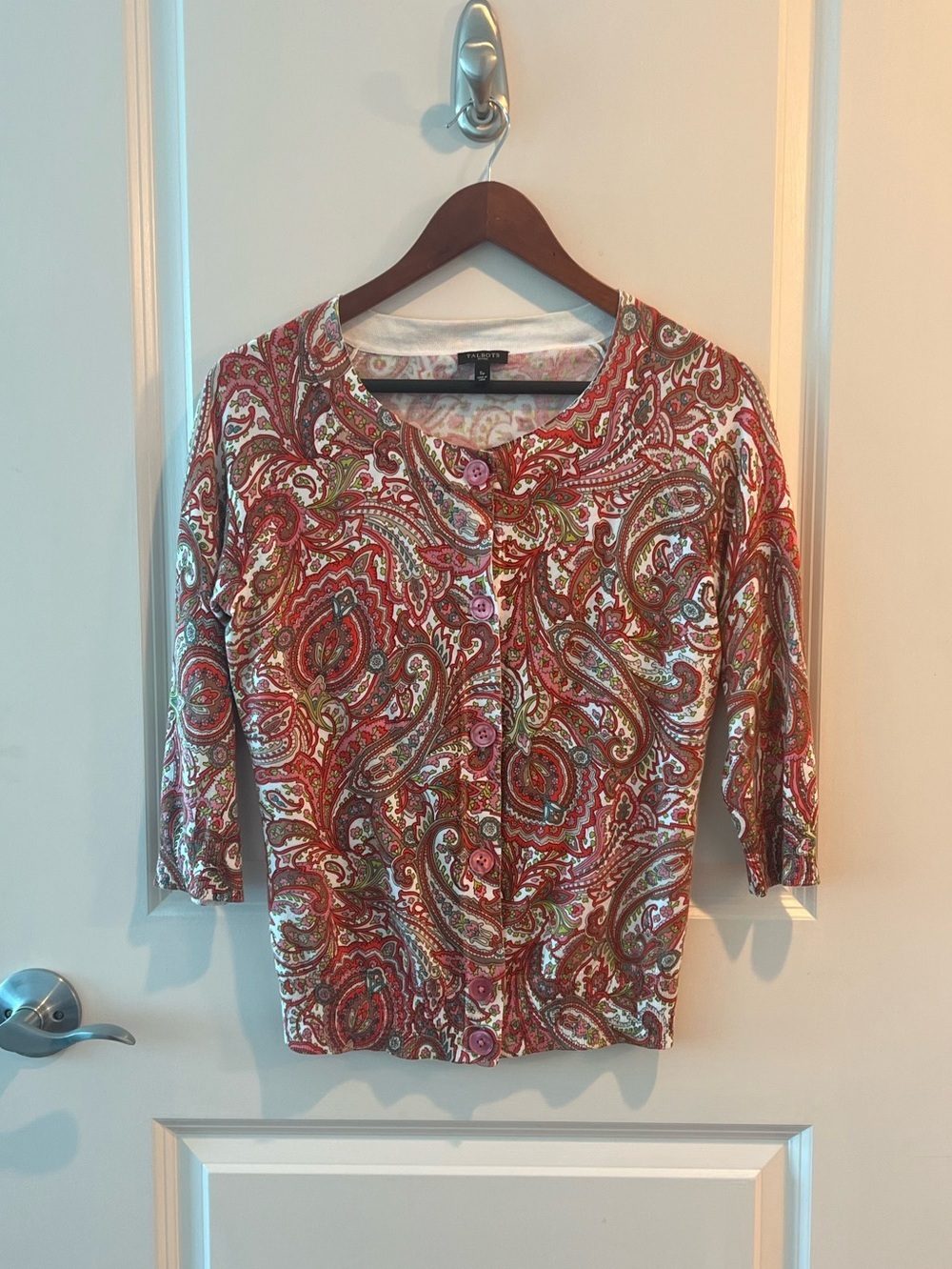 Talbots Coral Green Cream Paisley Button-Up Cardigan